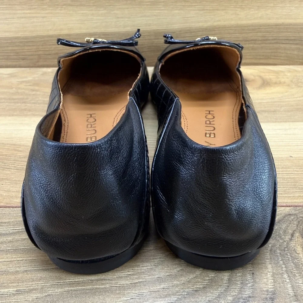 Tory Burch Charm Loafer 6 M Cocoa Croc Black Leather Bow Slip On Convertible